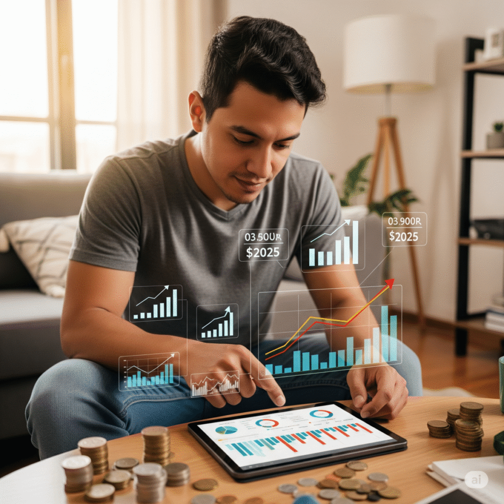 Persona joven en Latinoamérica revisando sus finanzas en una tablet, simbolizando cómo invertir con poco dinero para alcanzar la libertad financiera en 2025.