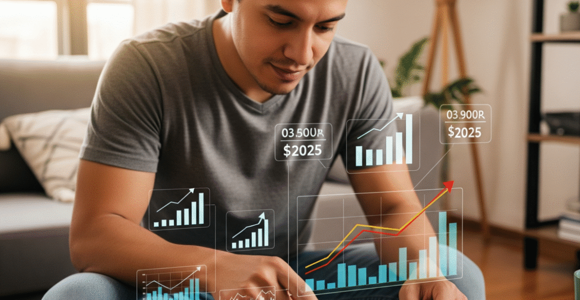 Persona joven en Latinoamérica revisando sus finanzas en una tablet, simbolizando cómo invertir con poco dinero para alcanzar la libertad financiera en 2025.