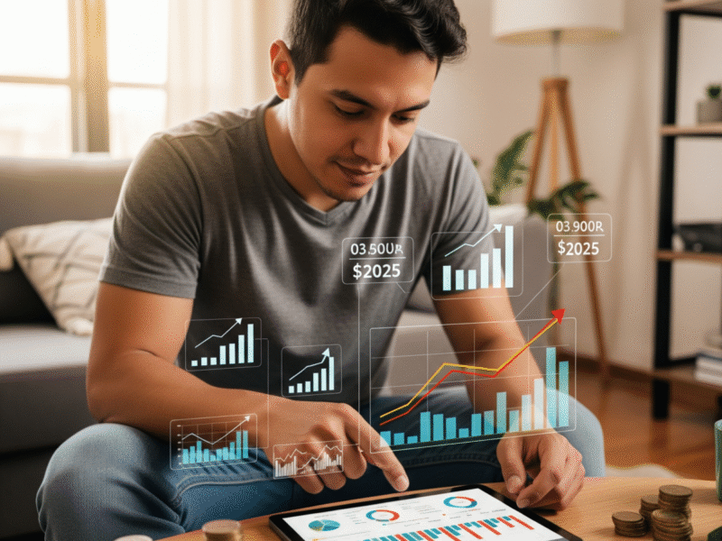 Persona joven en Latinoamérica revisando sus finanzas en una tablet, simbolizando cómo invertir con poco dinero para alcanzar la libertad financiera en 2025.